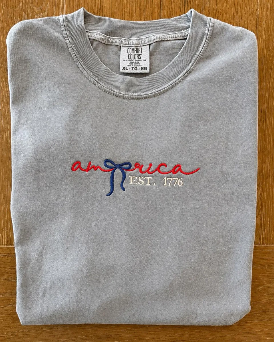 Embroidered America Est. 1776 Comfort Colors Tee, Patriotic Bow Shirt