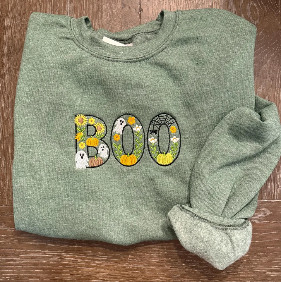Embroidered BOO Sweatshirt: Spooky Season Crewneck