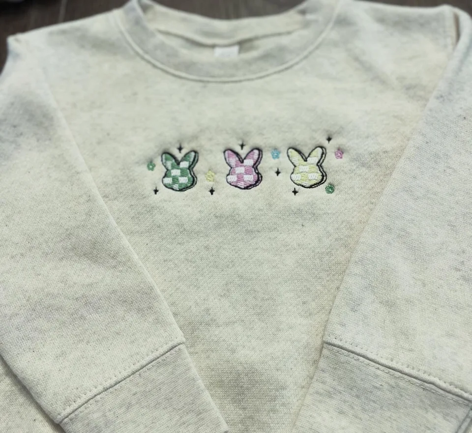 Handmade Embroidered Mini Checkered Bunnies Crewneck Sweatshirt — detail 2