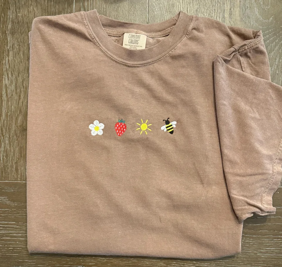 Embroidered Comfort Colors Shirt: Strawberry, Daisy, Sun, Bee
