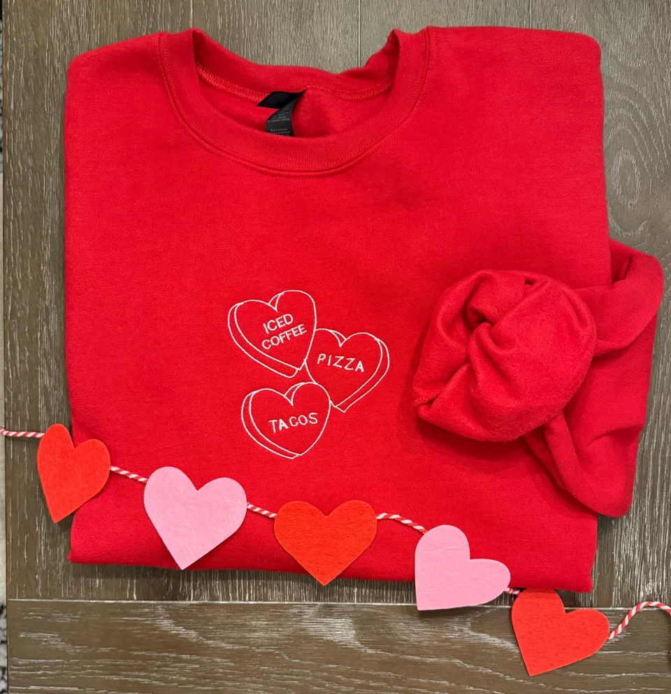 Embroidered Valentine’s Day Faves Conversation Hearts Candy Crewneck