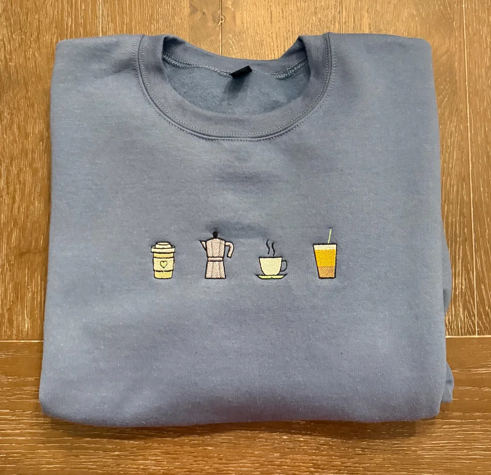 Embroidered Coffee Sweatshirt | Dark Heather Green Crewneck — detail 3