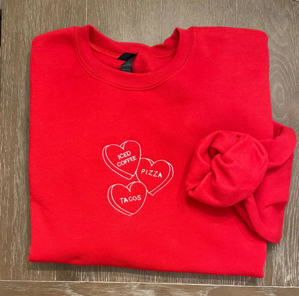 Embroidered Valentine’s Day Faves Conversation Hearts Candy Crewneck — detail 3