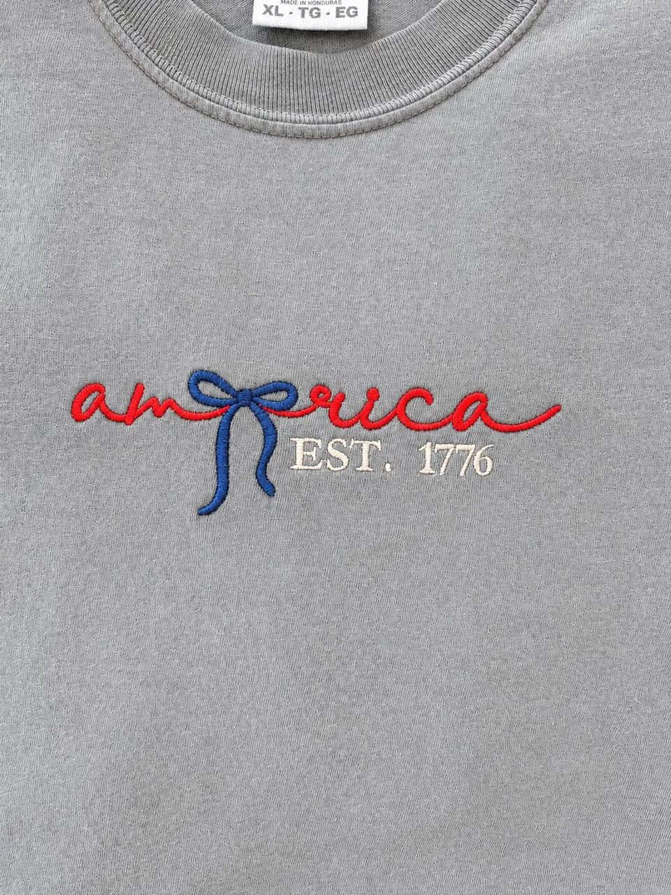 Embroidered America Est. 1776 Comfort Colors Tee, Patriotic Bow Shirt — detail 2