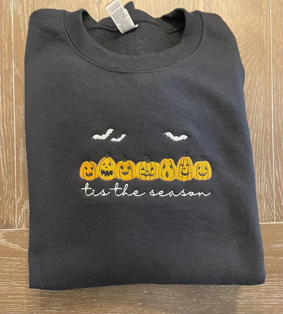 Embroidered Halloween Pumpkin Sweatshirt: Spooky Season Crewneck — detail 2
