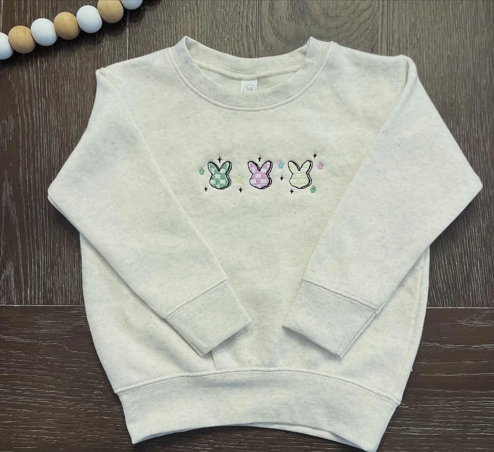 Handmade Embroidered Mini Checkered Bunnies Crewneck Sweatshirt