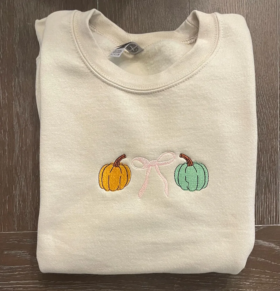 Embroidered Halloween Sweatshirt, Pumpkins & Bows, Fall Crewneck