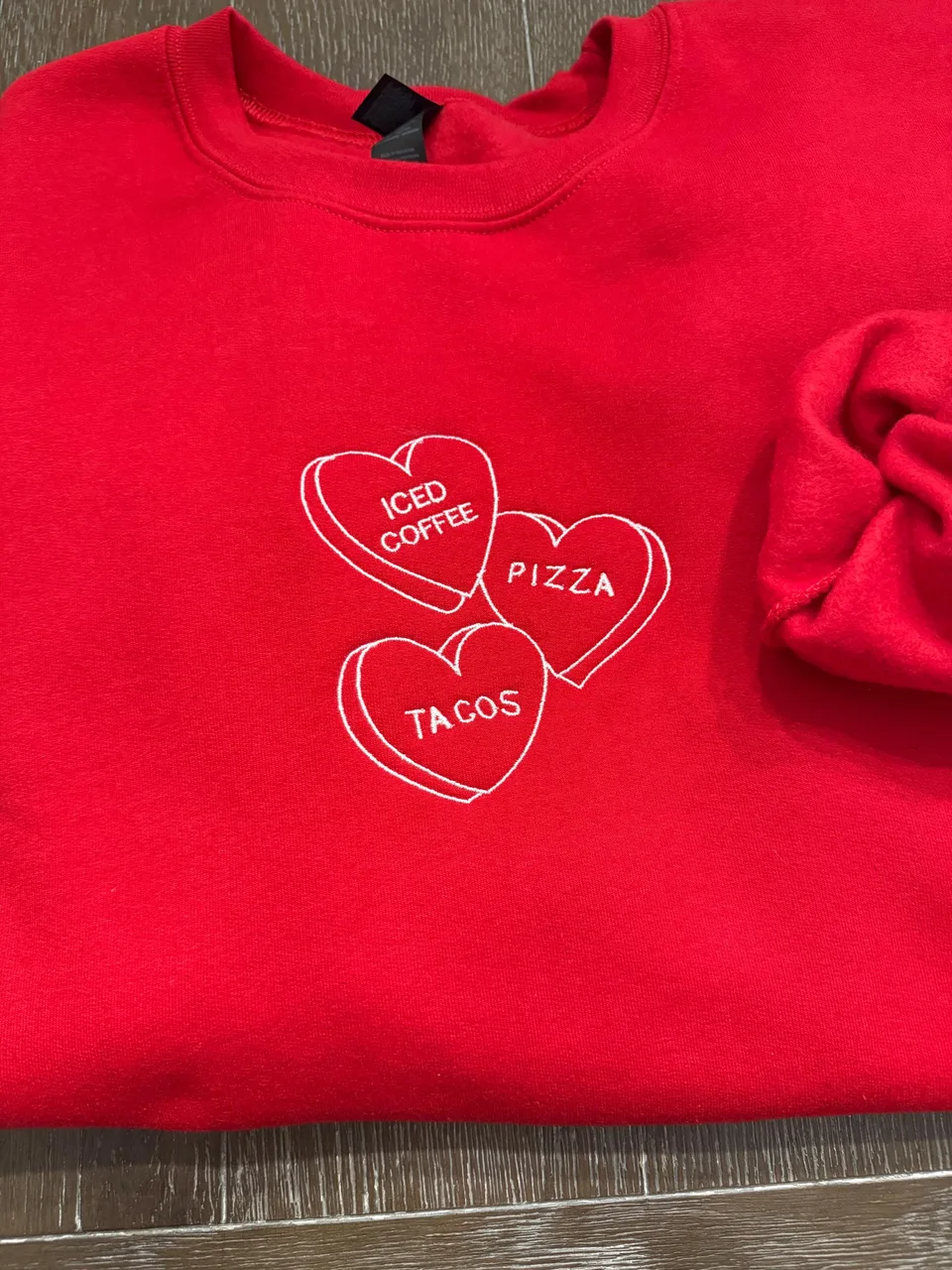 Embroidered Valentine’s Day Faves Conversation Hearts Candy Crewneck — detail 2