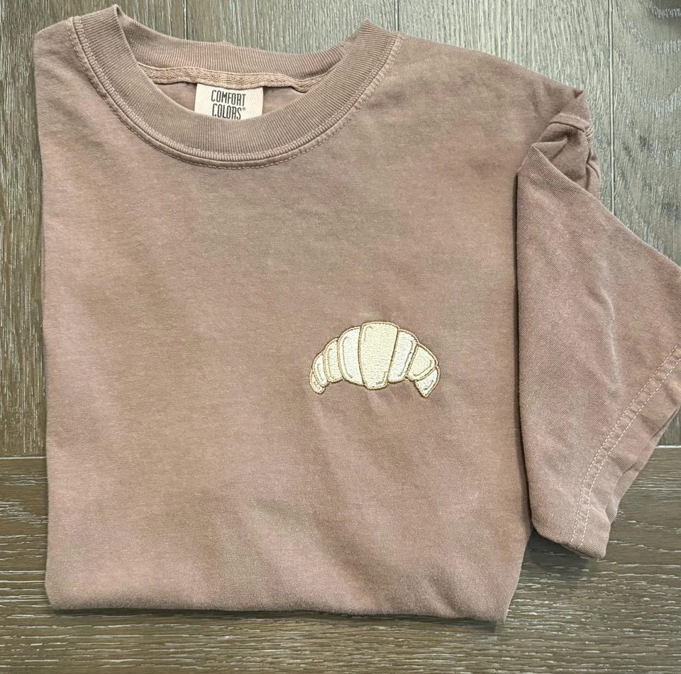 Embroidered Croissant Comfort Colors T-Shirt: Minimalist Foodie Tee