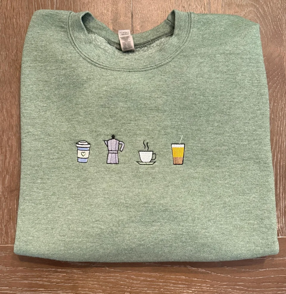 Embroidered Coffee Sweatshirt | Dark Heather Green Crewneck